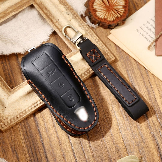 Hallmo Car Cowhide Leather Key Cover Key Case Porsche Macan 718 2021 A Style Black