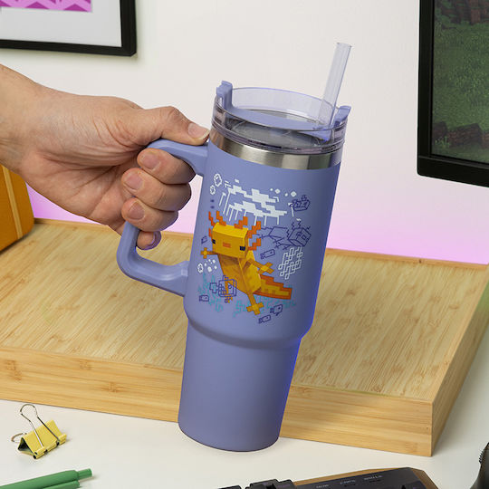 Paladone Handled Tumbler Θερμός Ανοξείδωτο 900ml Μωβ με Καλαμάκι και Λαβή