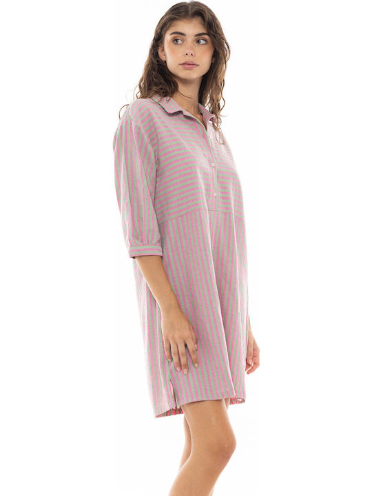 Women's Beachwear Pink Label Short Kaftan Stripe Pink Green Cotton 3/4 Sleeve
