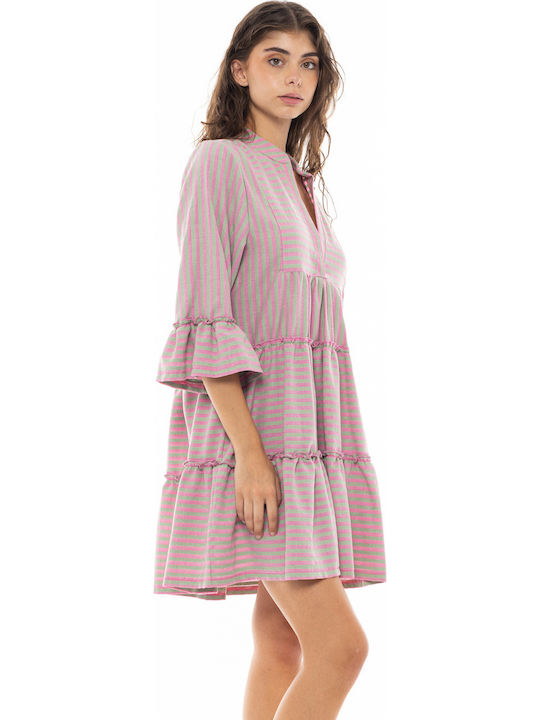 Damen Strandbekleidung Pink Label Kurzer Kaftan Streifen Pink Grün 3/4 Ärmel Baumwolle