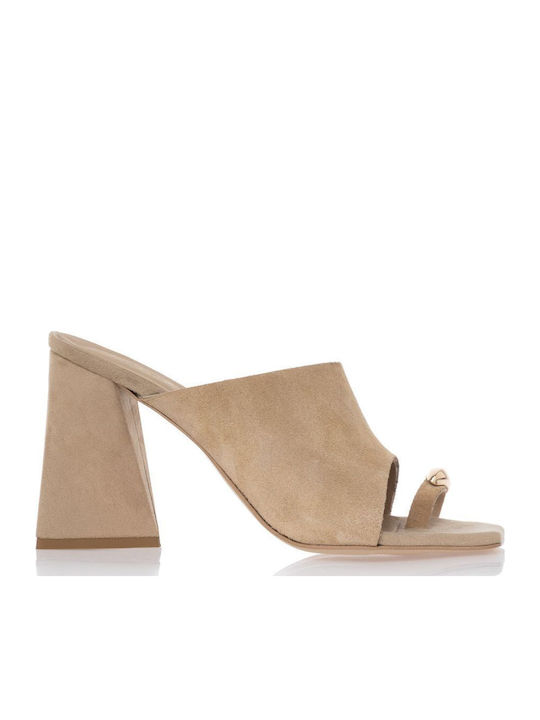 Leather Mules with High Heel in Beige Color