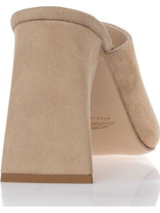 Leather Mules with High Heel in Beige Color