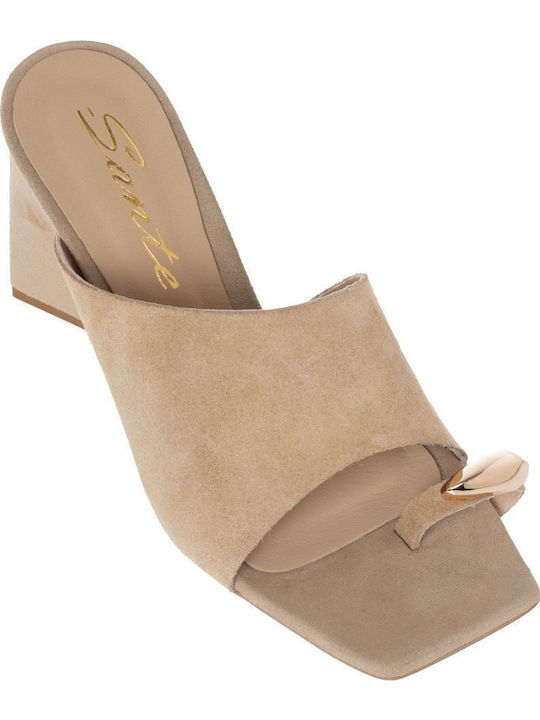 Leather Mules with High Heel in Beige Color