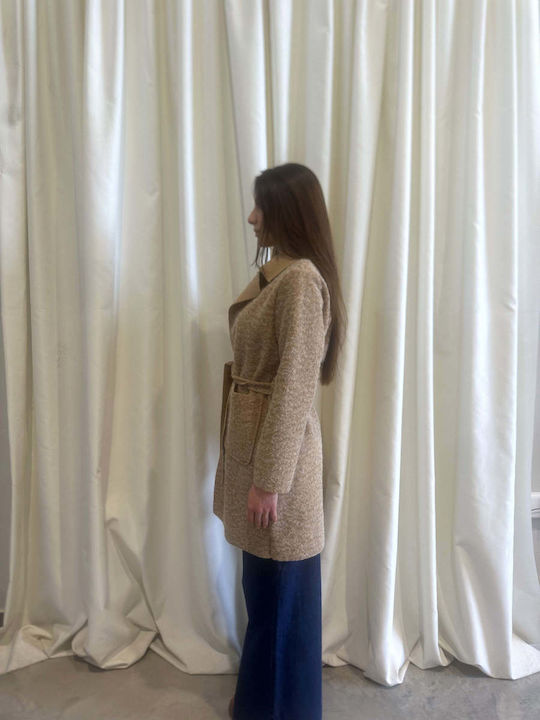Lange Gestrickte Damen Strickjacke Beige