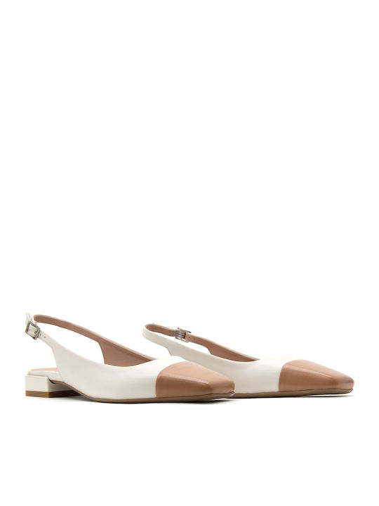 Δερμάτινες Γυναικείες Μπαλαρίνες Slingback με Λουράκι σε Μπεζ Χρώμα