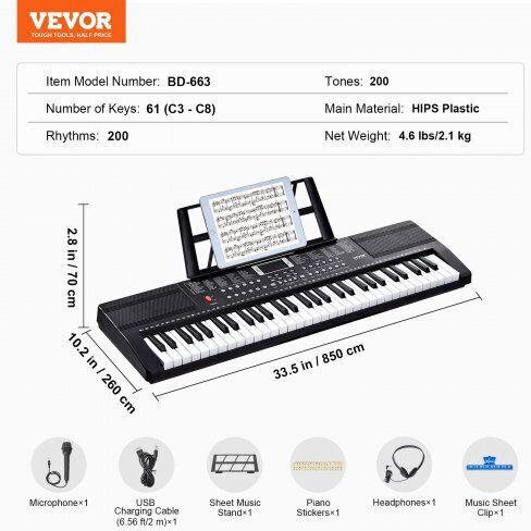 Vevor Keyboard 61JBPZSMGQ61JYYXMV9 with 61 Keys with Headphones Black
