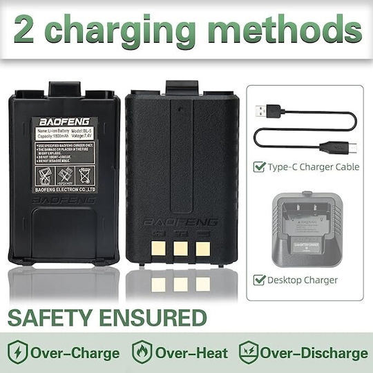 Original Baofeng Rechargeable Battery Direct Charging Type-C for Radios UV-5R UV-5RA UV-5RE 1800mAh TC-234