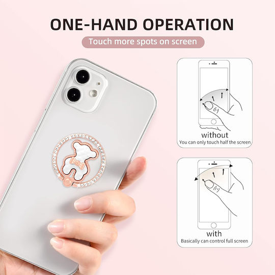 Z21-d Universal Phone Ring Holder – 360° Rotating Metal Grip Bear Head Design & Rhinestones 19000-white