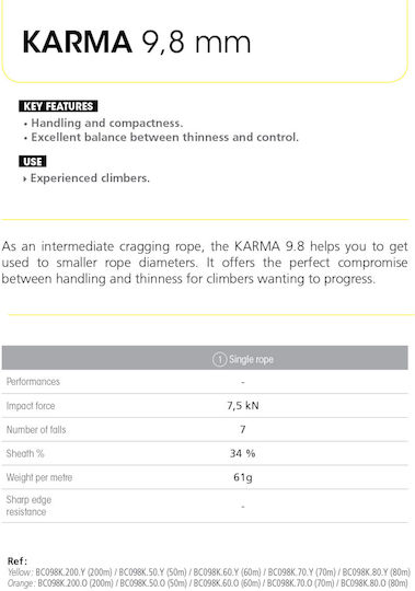Beal Karma Dynamic Cord de escaladă cu lungimea de 70m Portocaliu