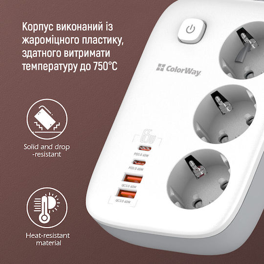 ColorWay Πολύπριζο 3 Θέσεων με 2 USB-A, 2 USB-C και Καλώδιο 2m
