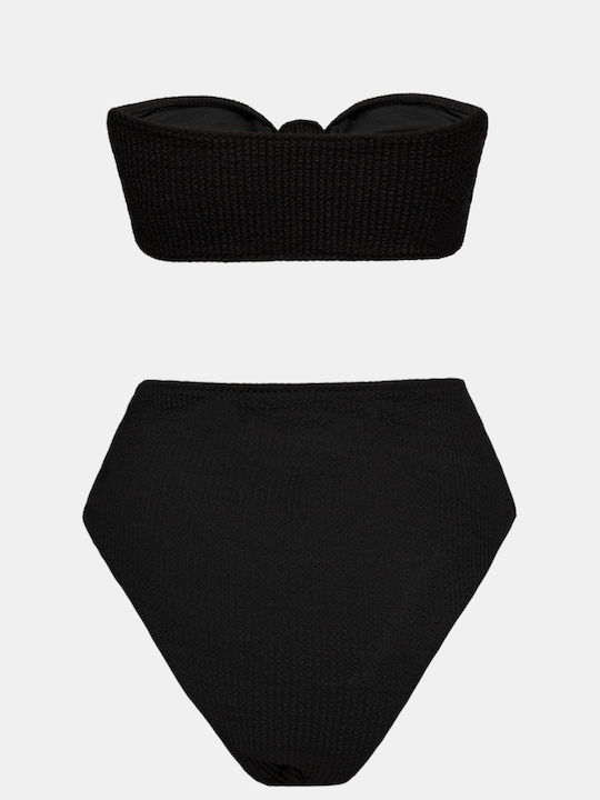 Strapless Bikini Set with High-Waisted Crinkle Bottom Black