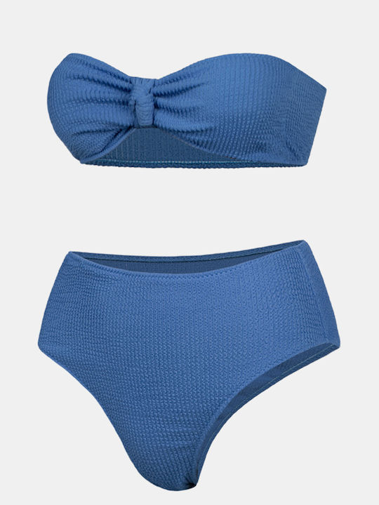 Schulterfreies Bikini-Set mit hoch taillierten Höschen in geknittertem Königsblau