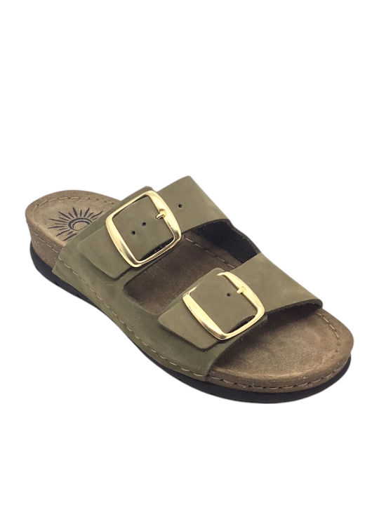 Leather Women's Flat Sandals Anatomic in Khaki Color