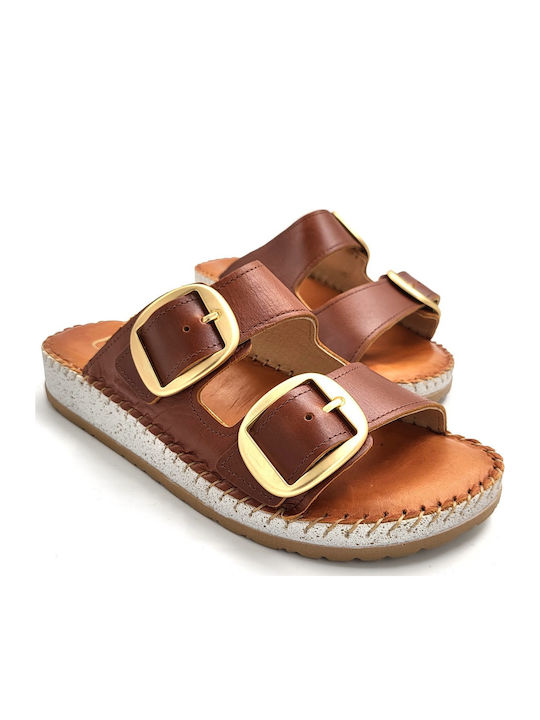 Leather Women's Flat Sandals Tabac Brown