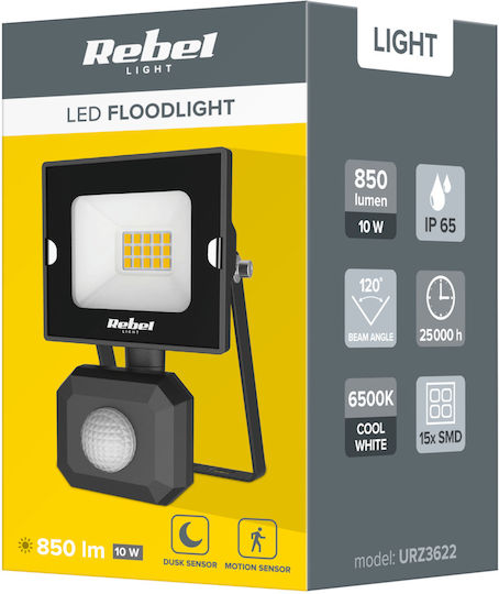 Rebel Proiector LED Etanș 10W Alb Rece 6500K cu Senzor de Mișcare IP44