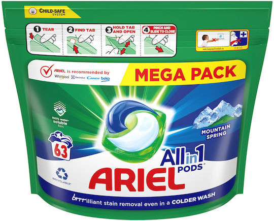 Ariel Mountain Spring Detergent for Whites Clothes (63 Capsules)