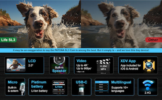 Patona Life SL4 3K Action Camera 4K Ultra HD Underwater (with Case) with Screen 2" and Wi-Fi Black