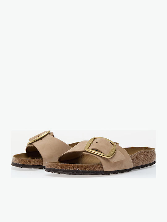 Madrid Big Buckle Leather Women's Flat Sandals in Beige Color Narrow Fit