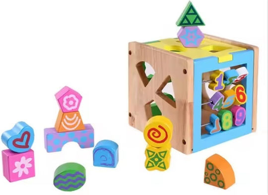 Cub educațional sortare forme și numere pentru copii 1 an+ din lemn 15x15 cm multicolor