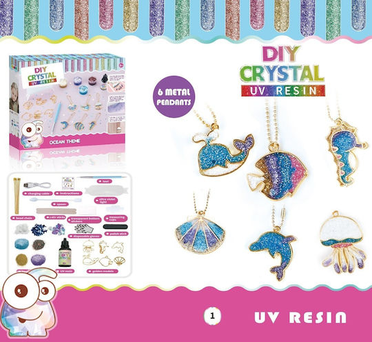 Set DIY 6 Pandantive Metalice Rășină UV Culori Sclipici Lanț Auriu Temă Ocean Copii 8 Ani+ Multicolor