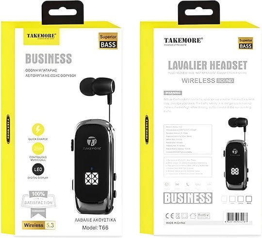 Takemore T66 In-ear Bluetooth Handsfree Ακουστικό Πέτου Μαύρο