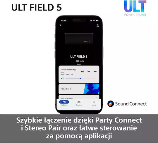 Sony ULT Field 5 Αδιάβροχο Ηχείο Bluetooth 27W με Διάρκεια Μπαταρίας έως 25 ώρες Μαύρο