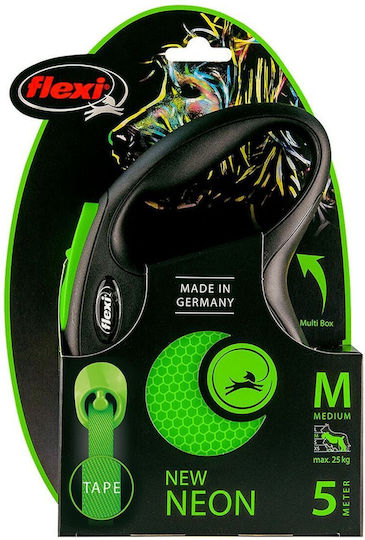 Lesă reglabilă Flexi Neon cu bandă 5m până la 25kg Verde Mediu