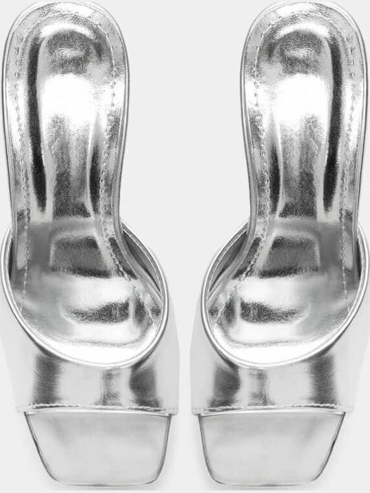Mules from Patent Leather with Chunky High Heel in Silver Color