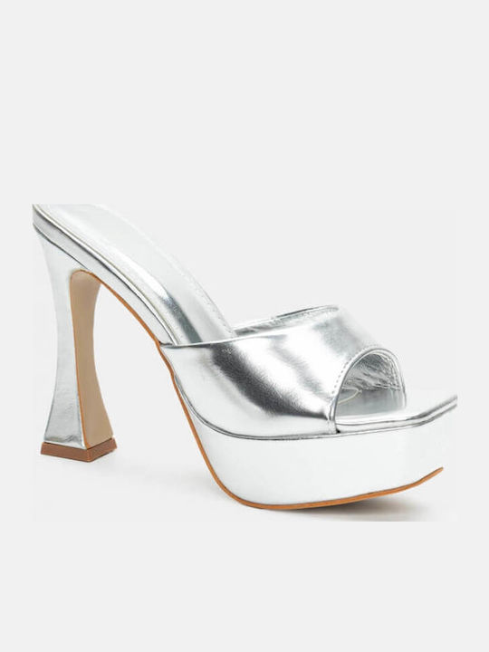 Mules from Patent Leather with Chunky High Heel in Silver Color