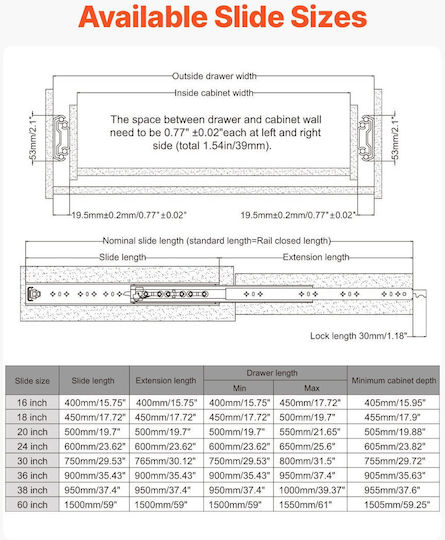 Vevor 1 Pair 16-60 In Soft-close Drawer Slides Ball Bearing Full Extension