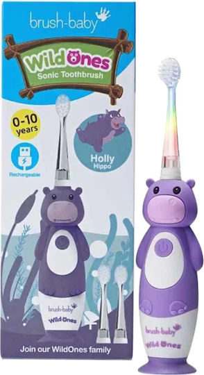 Brush Baby Wildones Children's Electric Toothbrush with Chronograph for 0m+ Holly Hippo with Replacement Heads