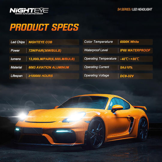 Nighteye Λάμπες Αυτοκινήτου H11 / H8 / H9 / H16 LED 6500K Ψυχρό Λευκό 32V 72W 2τμχ