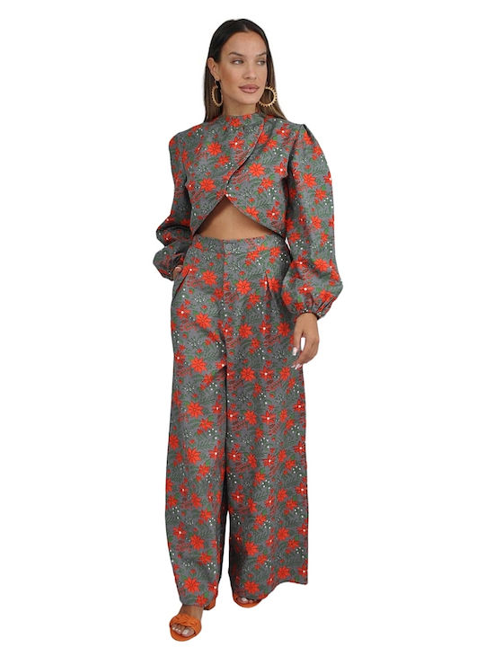 Femei Gray Set cu Talie înaltă Pantaloni cu elastic Floral