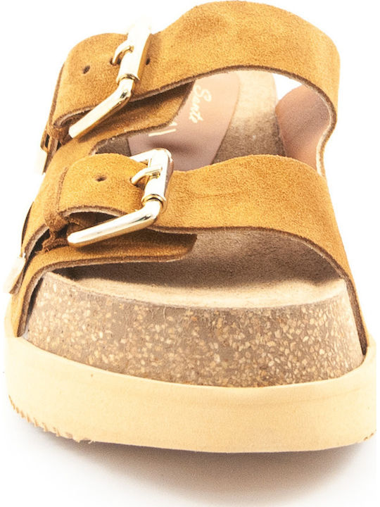 Leather Women's Flat Sandals Tabac Brown