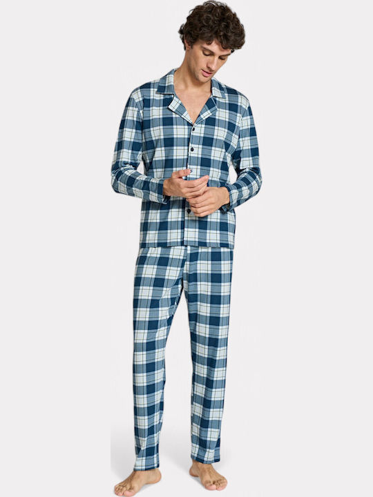 Pijadore Pijama Bărbați Albastru în Carouri – Mânecă Lungă Pjdr1818-1-blue