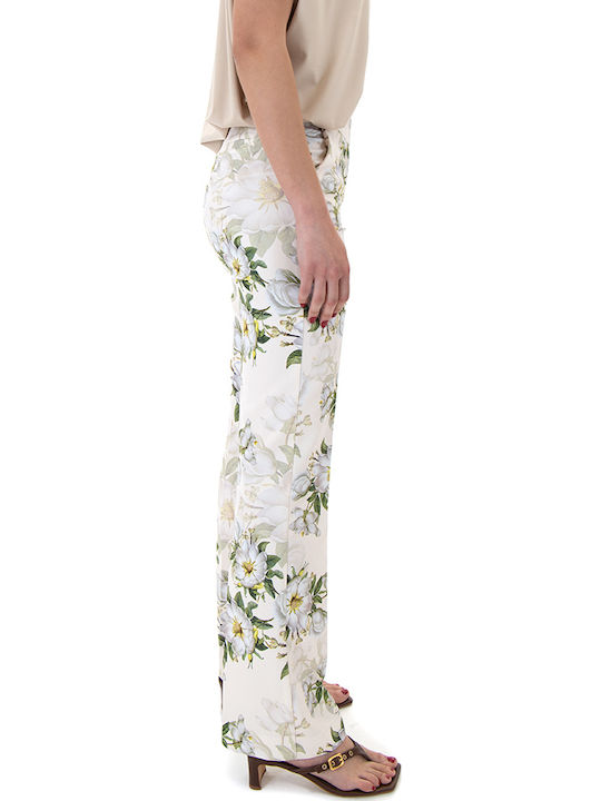 Women's Fabric Trousers Straight Line Floral Ecru, Beige, Green