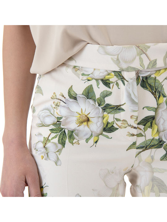 Women's Fabric Trousers Straight Line Floral Ecru, Beige, Green