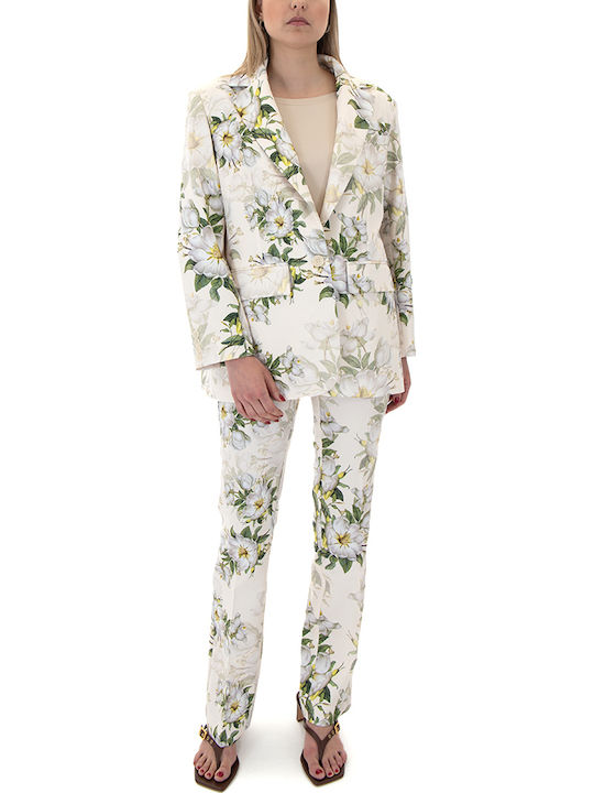 Women's Fabric Trousers Straight Line Floral Ecru, Beige, Green