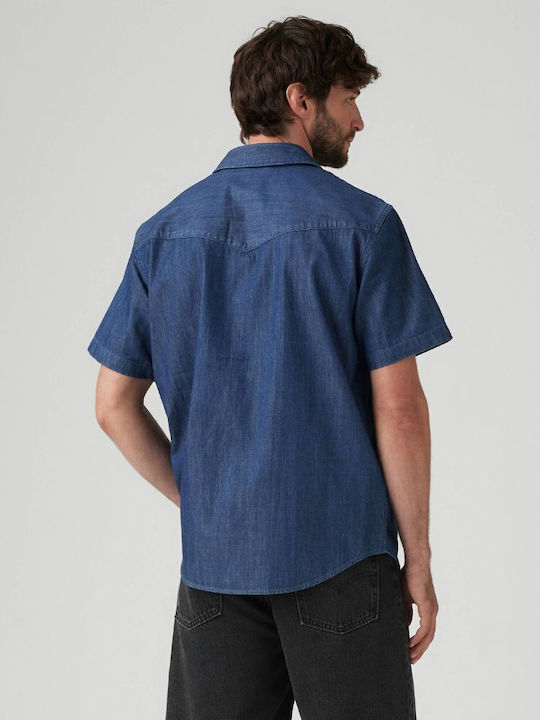 Western Short-sleeved Cotton Shirt in Wide Line Dark Wash