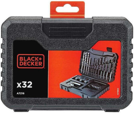Black & Decker Set Accessories for Screwing and Drilling Set of 32 Drills for Masonry, Metal and Wood