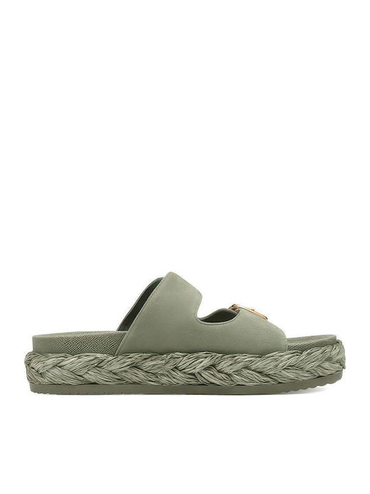 Leather Women's Flat Sandals Flatforms in Khaki Color