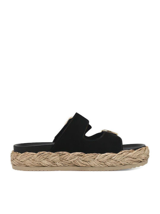 Leather Women's Flat Sandals Flatforms in Black Color