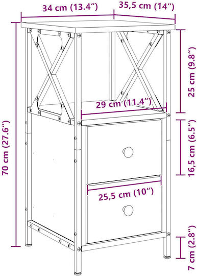 Wooden Bedside Table with Metal Legs Black Oak 34x35.5x70cm