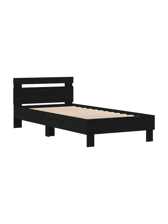 Pat Single Din Lemn Stejar Negru Cu Plăci Pentru Saltea 75x190cm