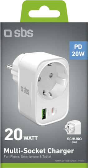 SBS Charger with Built-in Cable with USB-A Port and USB-C Port 20W Power Delivery Whites (TRPLUG1USB1CPD)