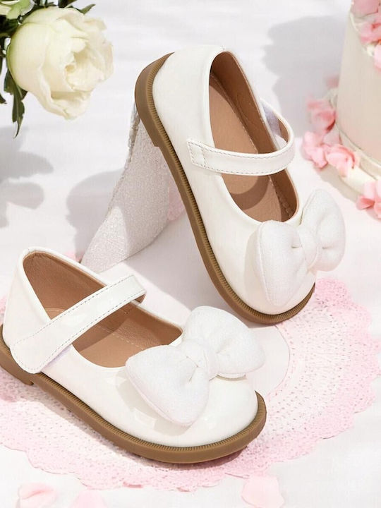 Kids Leather Ballerinas with Hoop & Loop Closure White