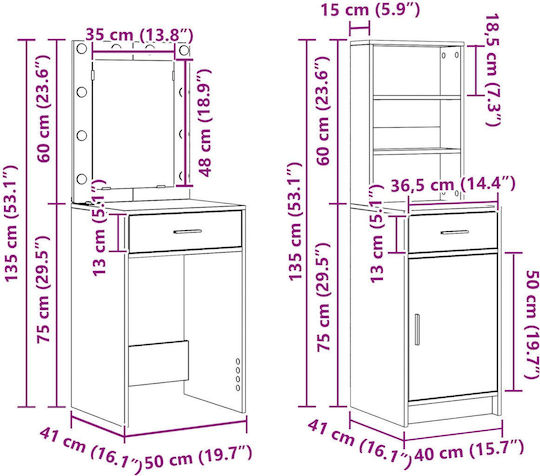 Подова Спална Тоалетна Дървена Черна с Огледало 50x41x135см