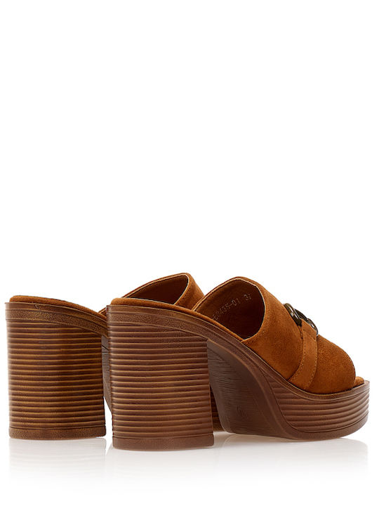 Suede Mules με Χοντρό Ψηλό Τακούνι σε Καφέ Χρώμα