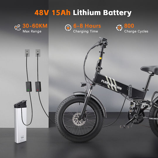 Pure Unicorn U4 Faltbares Elektrofahrrad 1000W 15Ah Fatbike Schwarz
