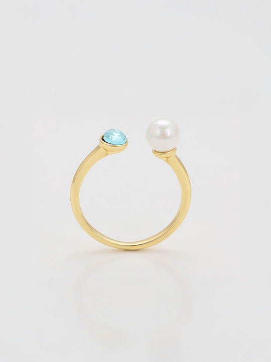 Chrysothemiss Women's Ring Ocean Whisper Aqua Zircon & Pearl Gold Plated 14k Gold